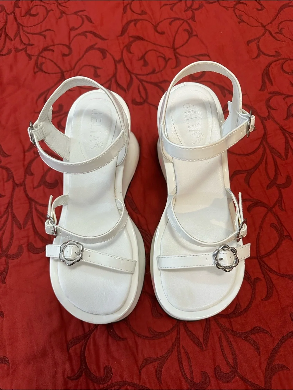 Dolls Kill White Platform Wedge Sandals with Silver Buckles